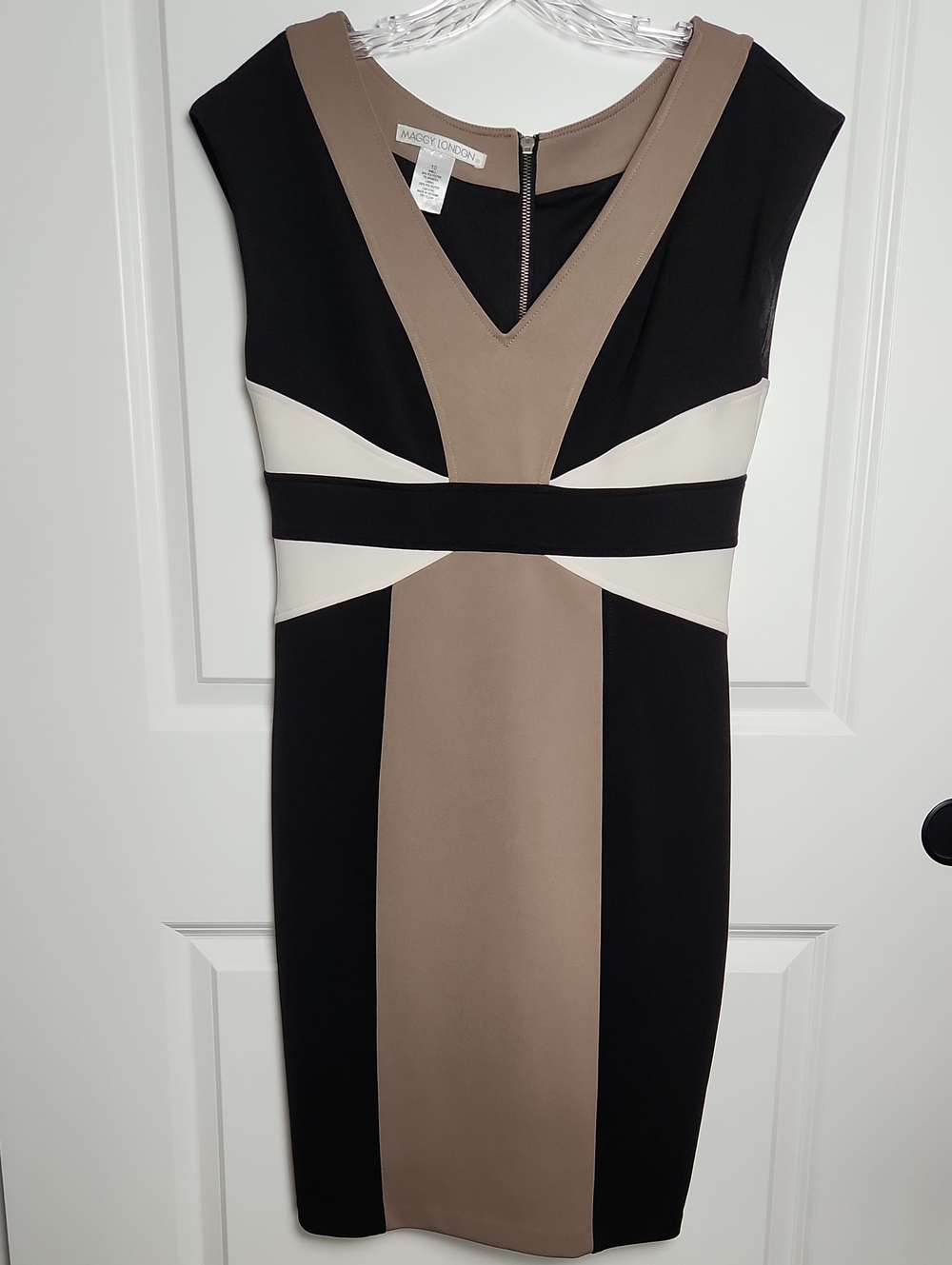 Maggy London Black And Taupe Colorblock V-Neck Sheath Dress Size 10